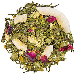 Matcha Curkuma Colada natürlich - Grüntee mit Matcha, Fruchtstücken und Blüten, aromatisiert