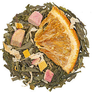 Bergamotte Rhabarber - Grüntee mit Fruchtstücken und Blüten, aromatisiert